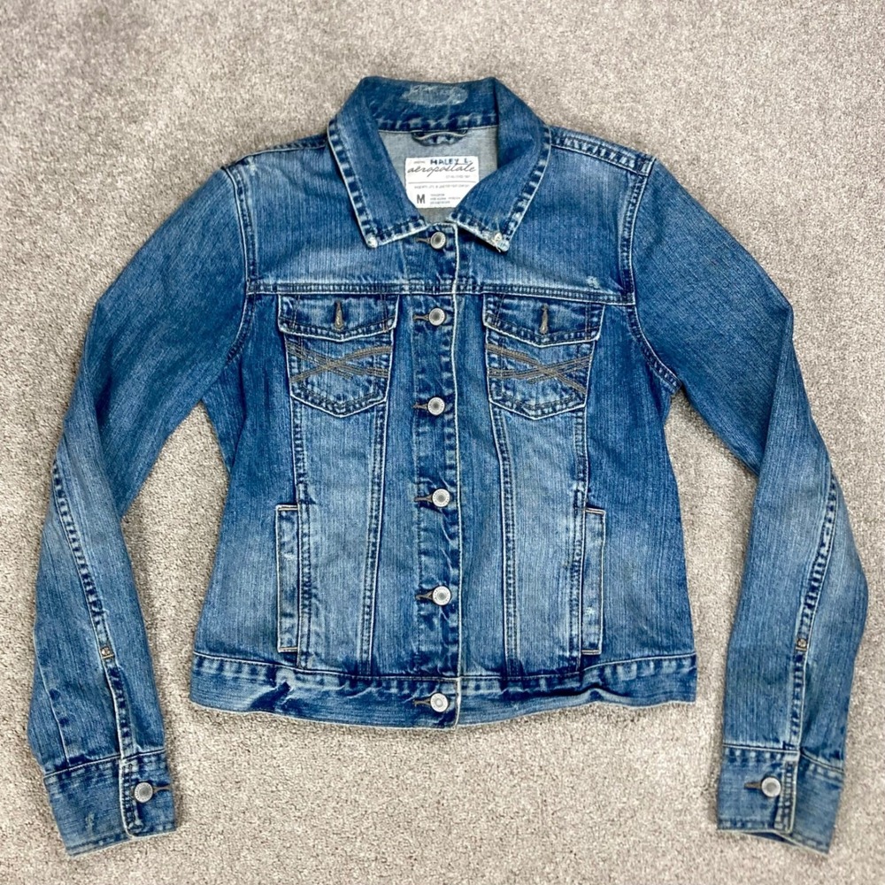 Aeropostale Grunge Distressed Denim Jacket Womens Sz M Blue Rockabilly Western